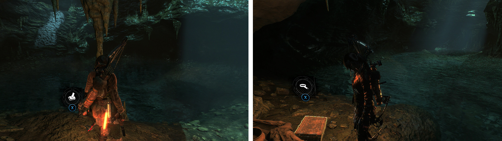 After jumping down into the pool of water loot Survival Cache 03 (left) and Relic 03 (right) before continuing.