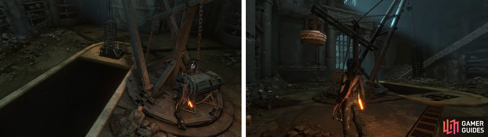 Use the wheel to raise the cage out of the floor (left). Use Rope Arrows to rotate the crane so that the cage is above the pool in the centre of the room (right).