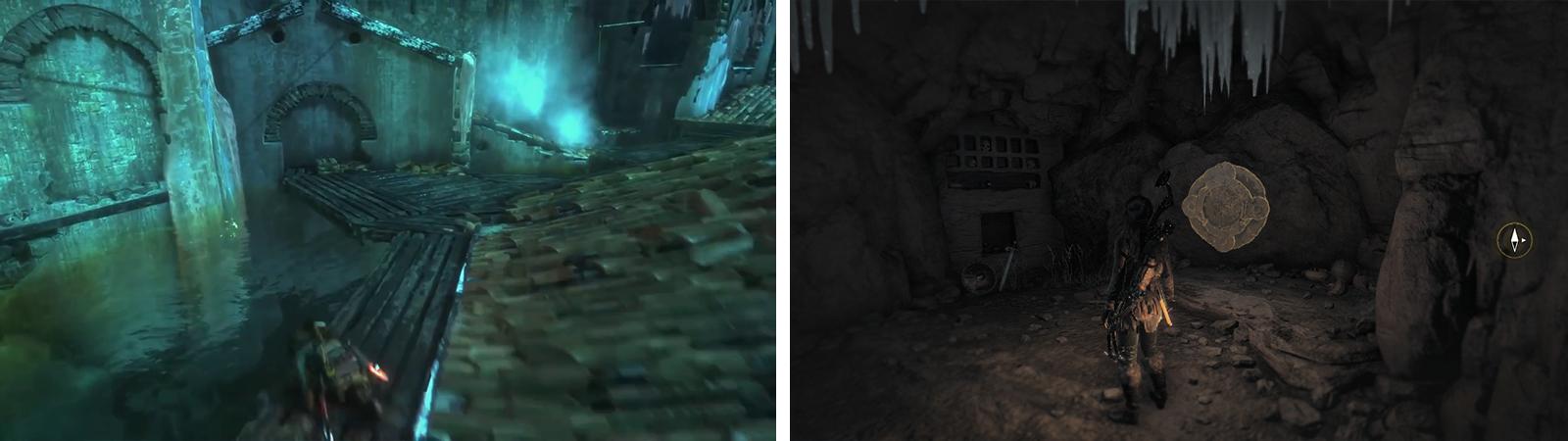 Enter the water beneath the trebuchet (left) to find an underwater entrance to a Crypt. Inside you’ll find Mural 02 (right).
