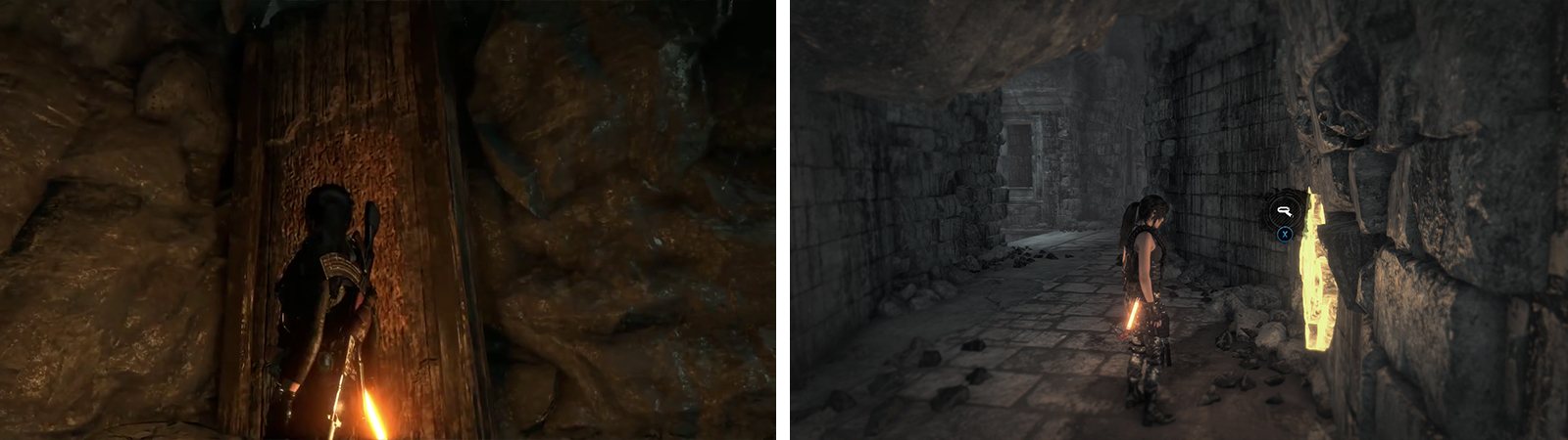 Use the Broadhead arrows to climb the weak wall at the end of the Flooded Archive (left). Follow the path through here until you reach Mural 03 (right).