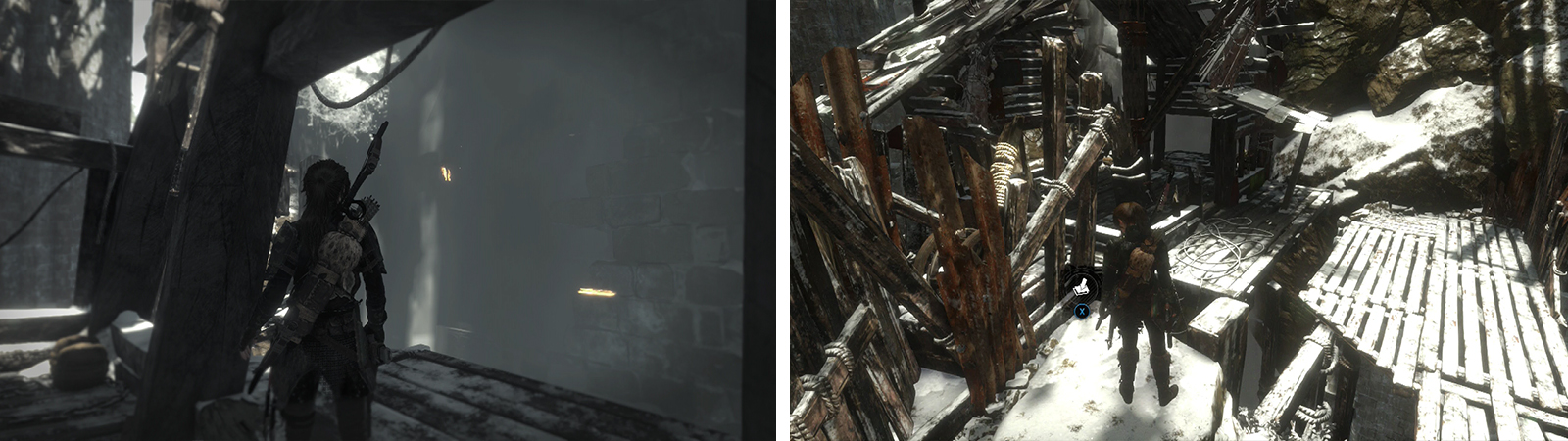 After riding the gondola, look behind the waterfall nearby for Document 13 (left) and on the nearby platform for Survival Cache 03 (right).