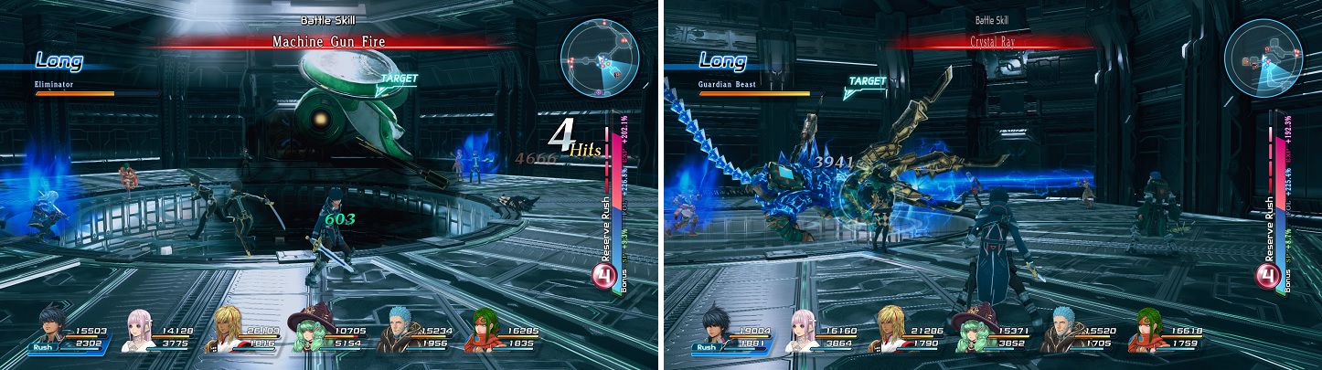 Eliminators should always be defeated first (left). The Guardian Beast’s Crystal Ray is a very dangerous attack (right).