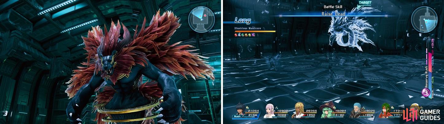 The Manticore is quite big (left). You have to wait until Relia does her thing to be able to outdamage its regeneration (right).