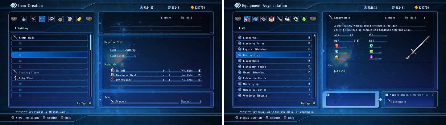 You can make all manner of things with Item Creation (left), and can even augment your own equipment later on (right).