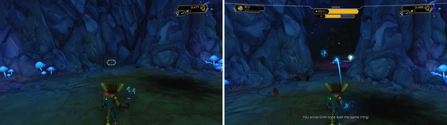 Toss a Fusion Grenade at the metal crate (left) to reveal a hidden cave, with the treasure (right).