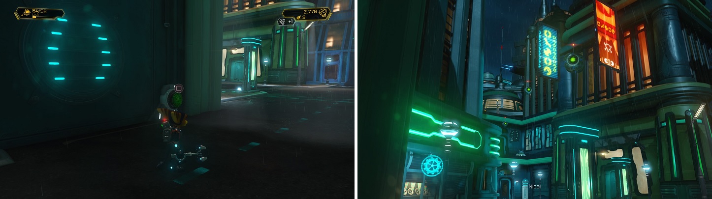 Hit the switch (left) to spawn some Swingshot targets (right) that will allow you to reach a ledge with some Raritanium.