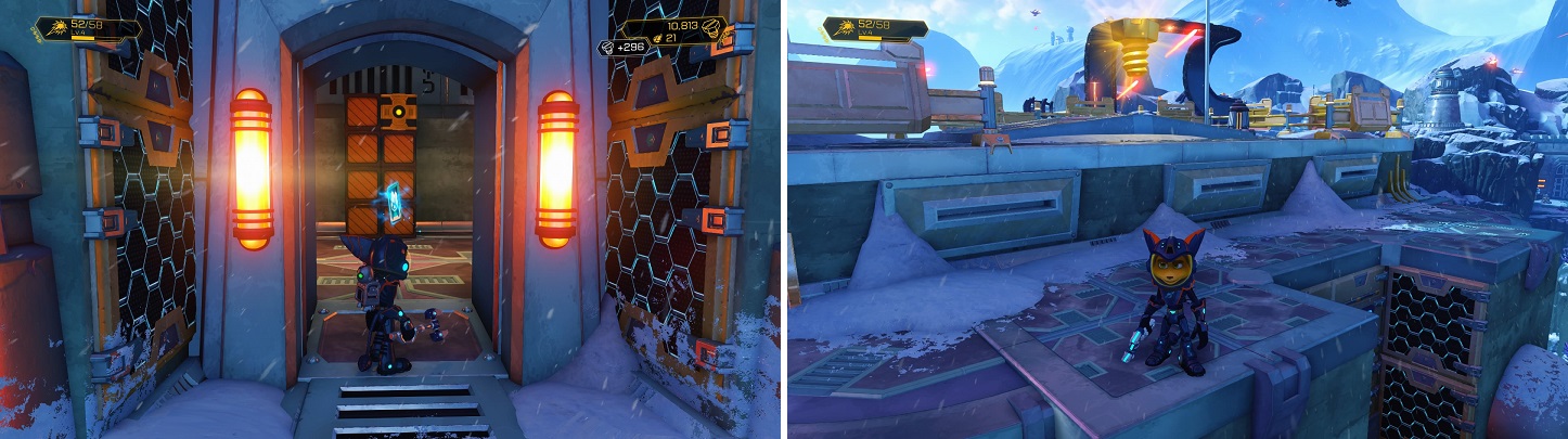 Solve the Trespasser puzzle near the beginning to get a RYNO Holocard (left). You can also find a Gold Bolt on the top of the same building (right).