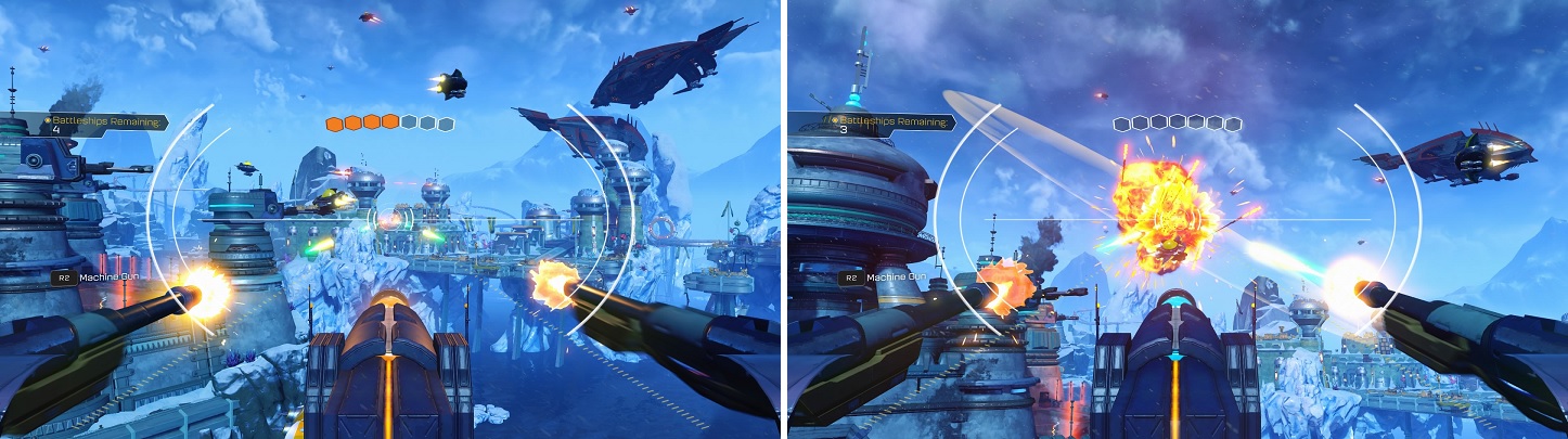 Charge the main cannon by shooting the smaller ships (left) and when it’s ready, let loose on the battleships (right).