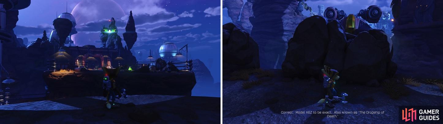 The little targets in the air (left) signify that you can use the Swingshot. Use the rock walls (right) to protect yourself from the Dropship’s fire.