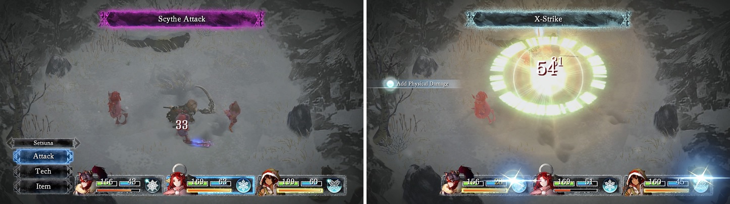 Reaper's only move is Scythe Attack (left). X-Strike is a great combo to use for damage (right).