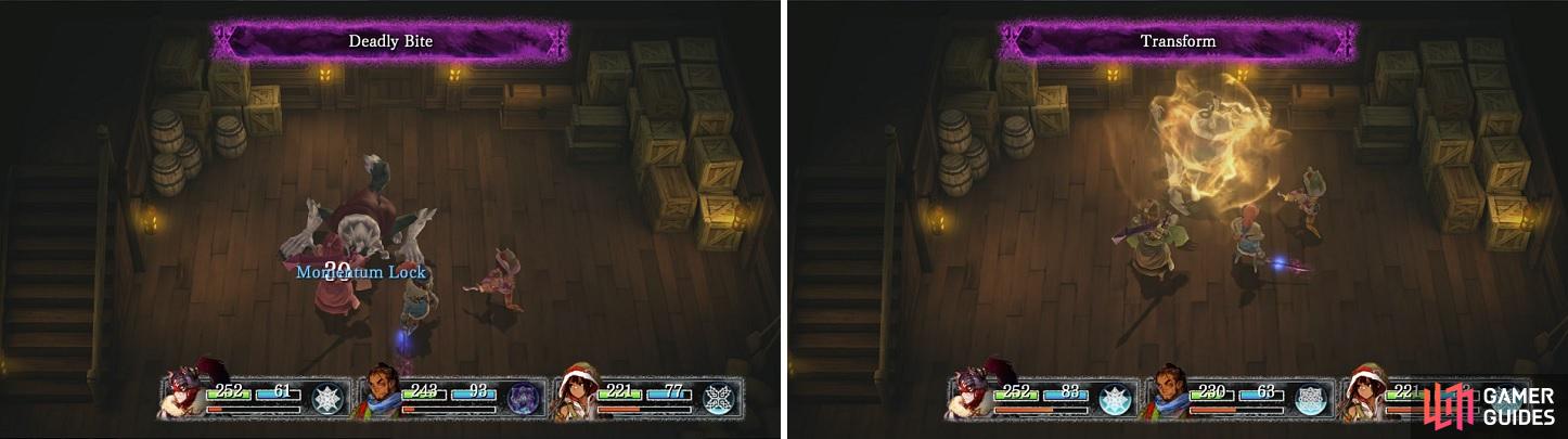 Deadly Bite can lock you out of using your SP (left). When it Transforms, all of its previous attacks get stronger (right).