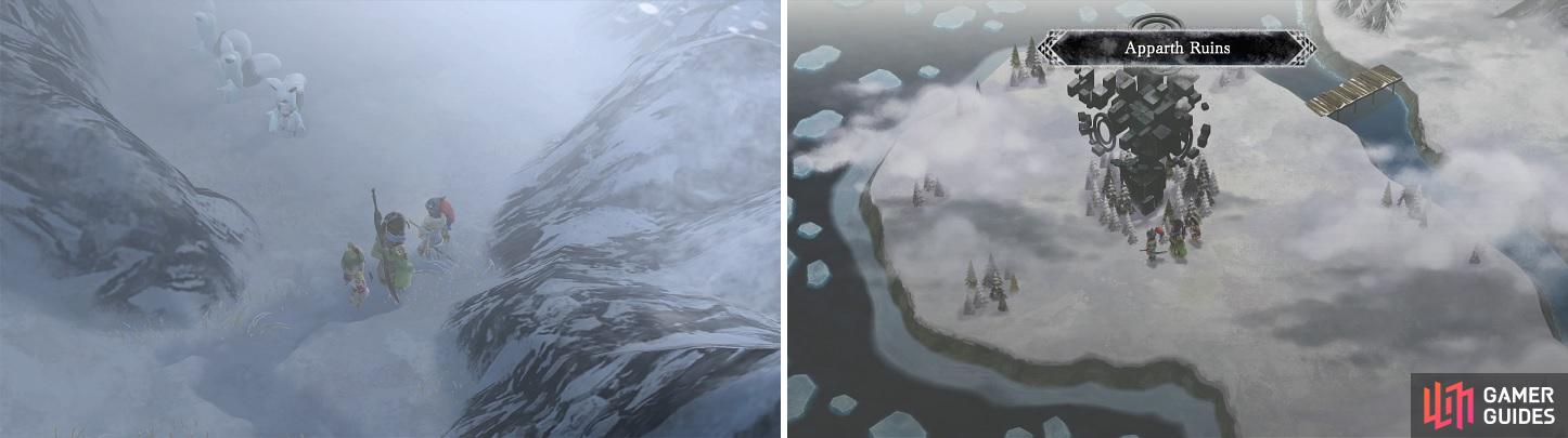 Be careful of the Silvara on Twallusk Mountain (left). The Apparth Ruins cannot be entered at this point in the game (right).