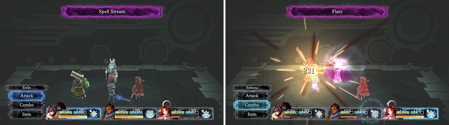 Spell Stream (left) allows Rhydderch to attack twice in one turn, where he could do something like using Flare twice (right).