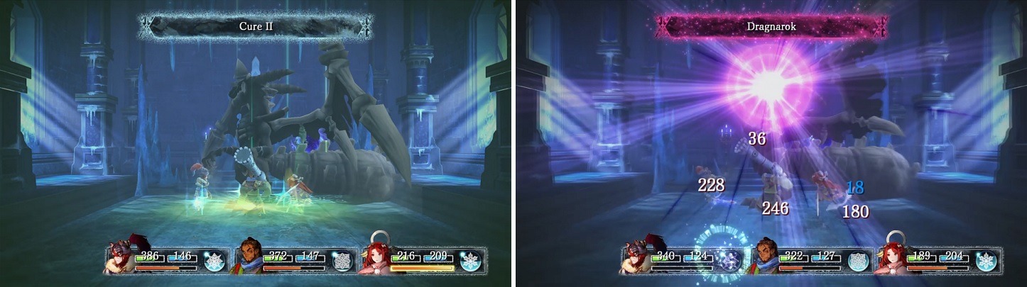 Setsuna's Cure II (left) will heal pretty much every attack. Make sure you're fully healed when you defeat the boss, as it will use Dragnarok (right).