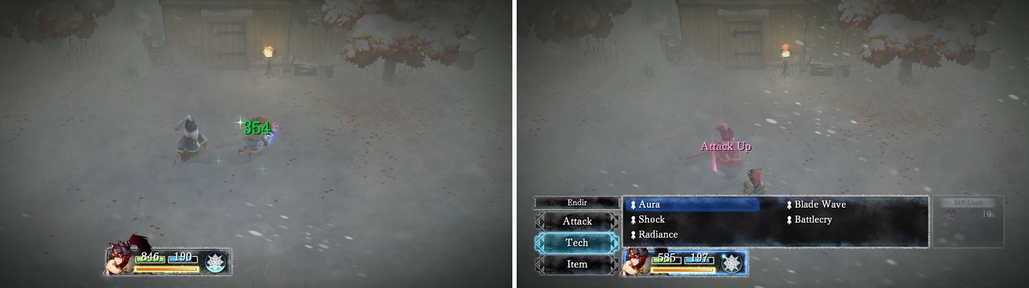 Aura is indispensable in this battle (left). Be careful whenever Hapsper boosts his own attack (right).