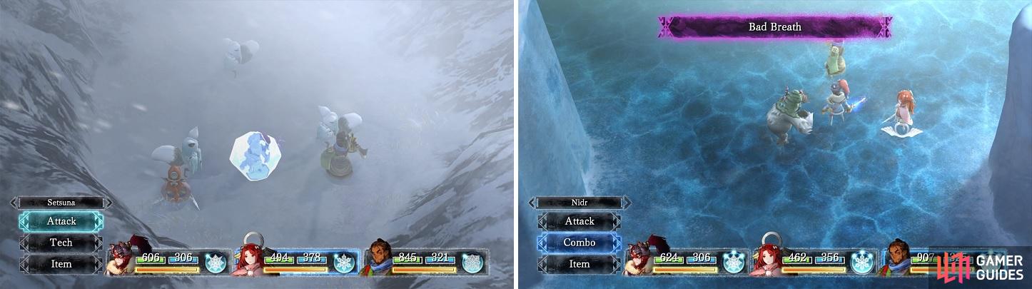 Some enemies of the Versa species can freeze your characters (left). Be careful of the Breath attacks of the Shroomback species (right).