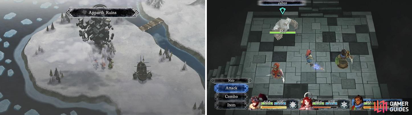 The ruins around the world (left) will allow you to refight bosses for more item drops (right).