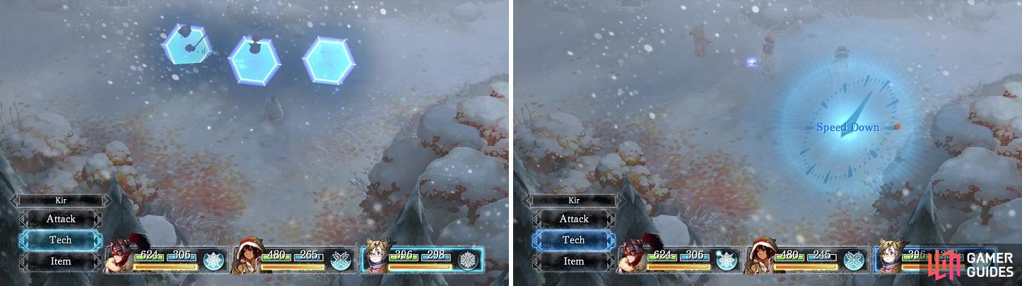 Protect is a great skill to have against physically attacking enemies (left). Slow makes sure enemies get in fewer turns (right).