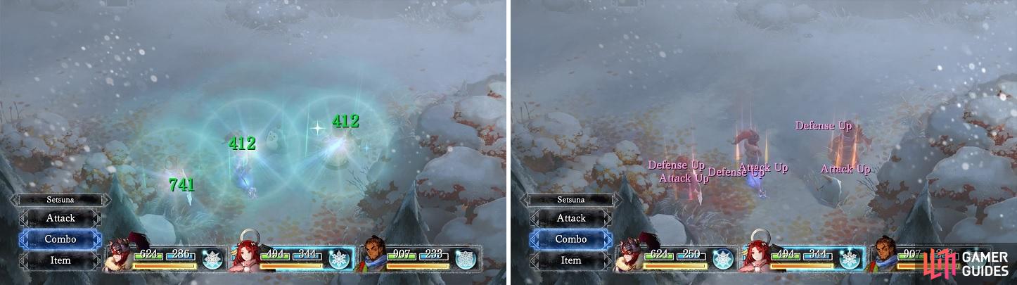 Endir's Aura is one of your first group heals (left). Battlecry is one of the better buffs in the game (right).