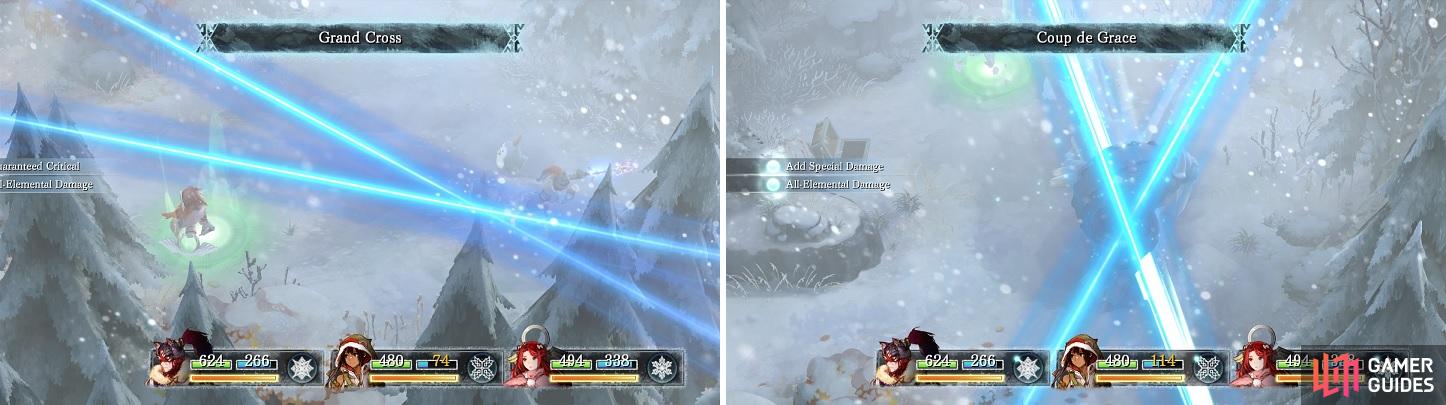 Grand Cross (left) and its upgraded version, Coup de Grace (right), are some of the more powerful combos in the game.