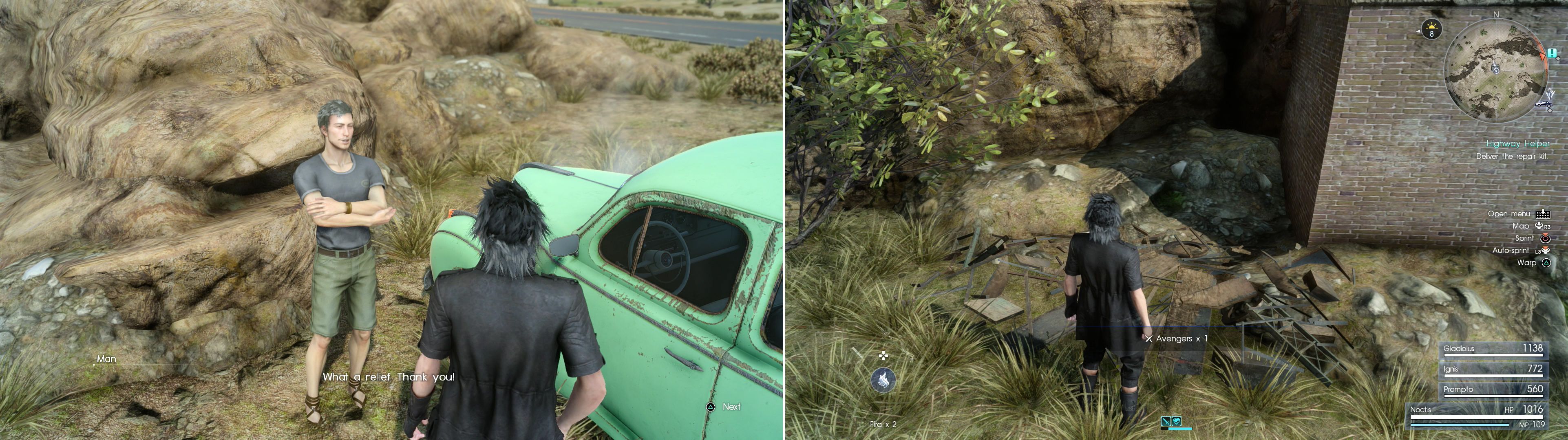 On your way back to the Hammerhead outpost, help a stranded motorist (left) and pick up some new daggers for Ignis (right).
