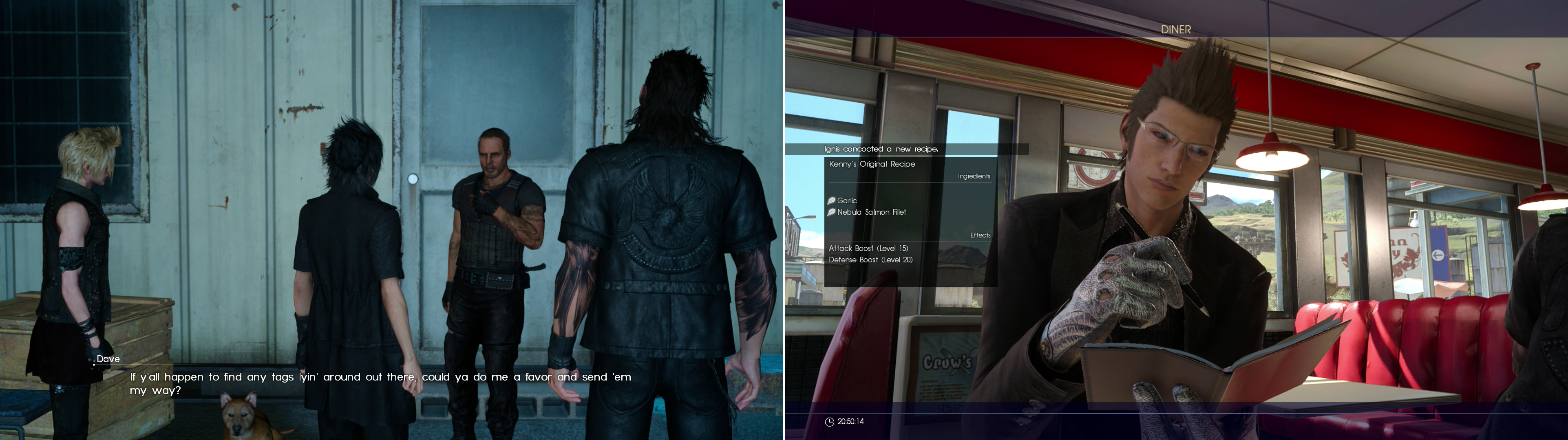 Talk to the wonderful Dave and he’ll ask you to help him track down some Dog Tags (left). Buying new meals at restaurants you visit will occasionally teach Ignis new recipes (right).