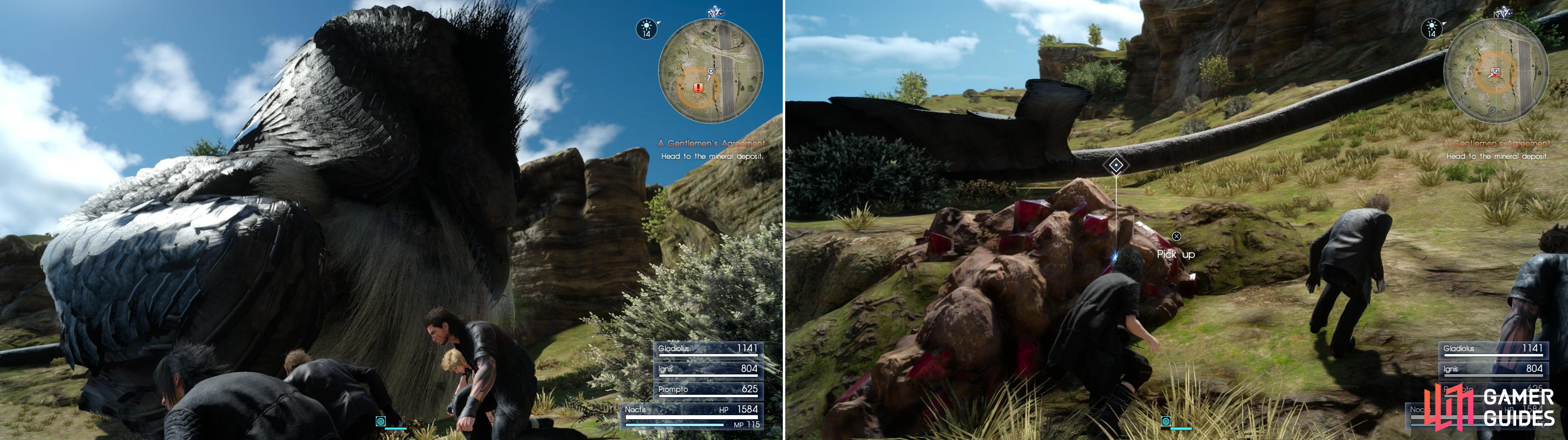 Sneak past the giant, sleeping bird with one pair too many wings (left) to reach the mineral deposit where you’ll find the stone Dino wants (right).