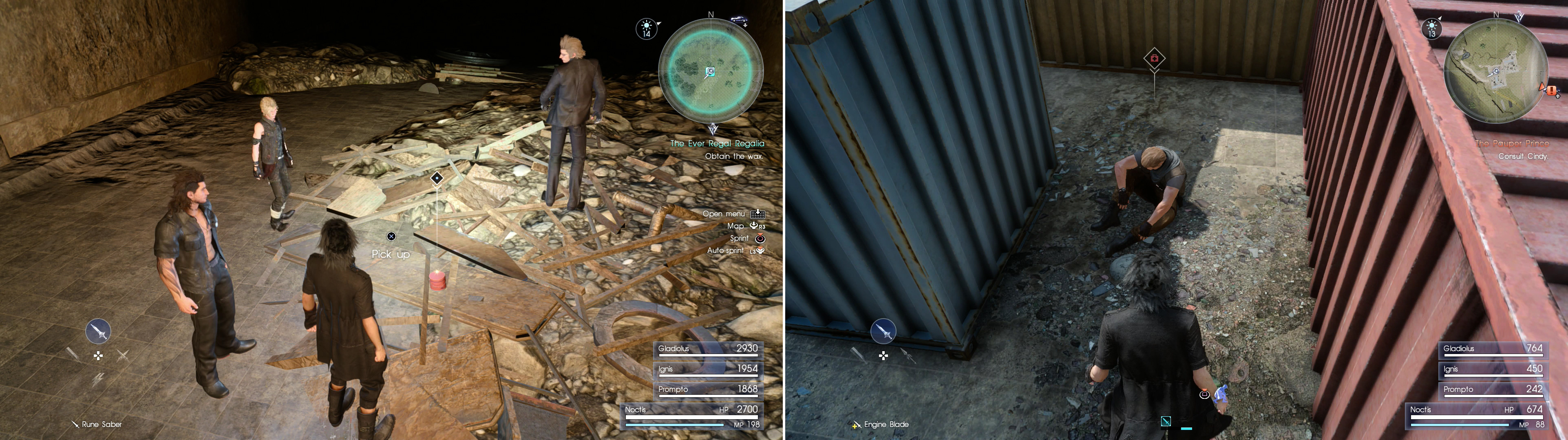 Defeat any pesky Goblins in your way and claim the rare Aero Wax (left). Outside of the mine you’ll find a wounded hunter licking his wounds amongst some shipping crates (right).