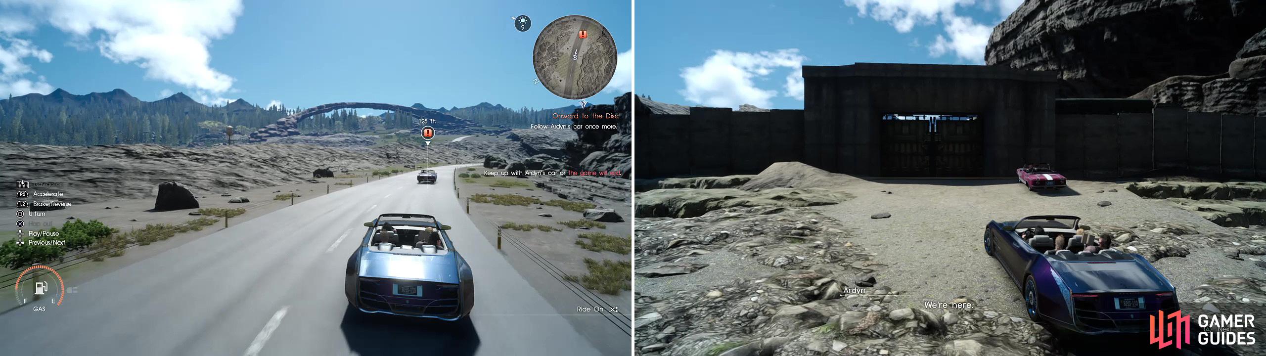 Make sure to keep up with Ardyn’s car (left) or you’ll fail the mission. Eventually you’ll pull up to the gates of the Disc (right) where Ardyn will leave you.