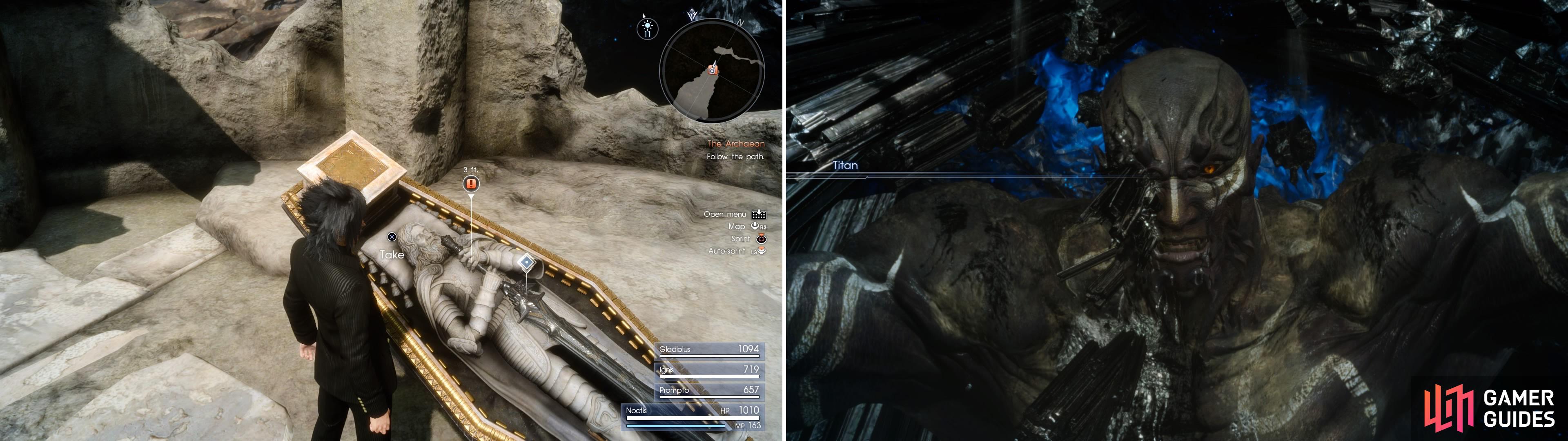 Approach the tomb and collect the Blade of the Mystic (left) after which you’ll get a nice friendly hello from The Archaean himself (right).