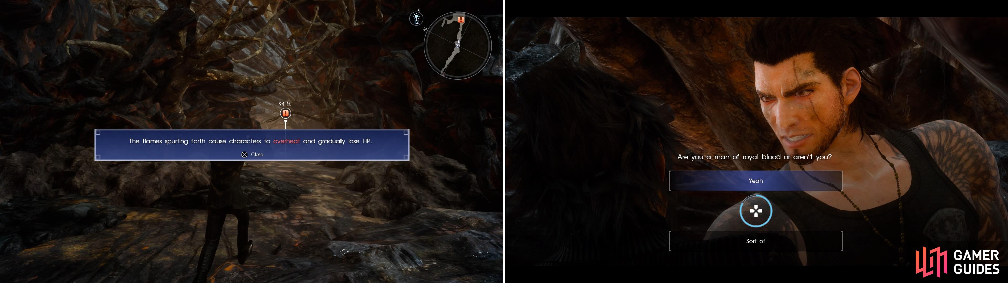 Stay out of the flames as much as you can (left) or your characters will lose HP. A bit further along, answer “Yes” to Gladiolus to get a Strength boost (right) or “Sort of” to get a Vitality boost.