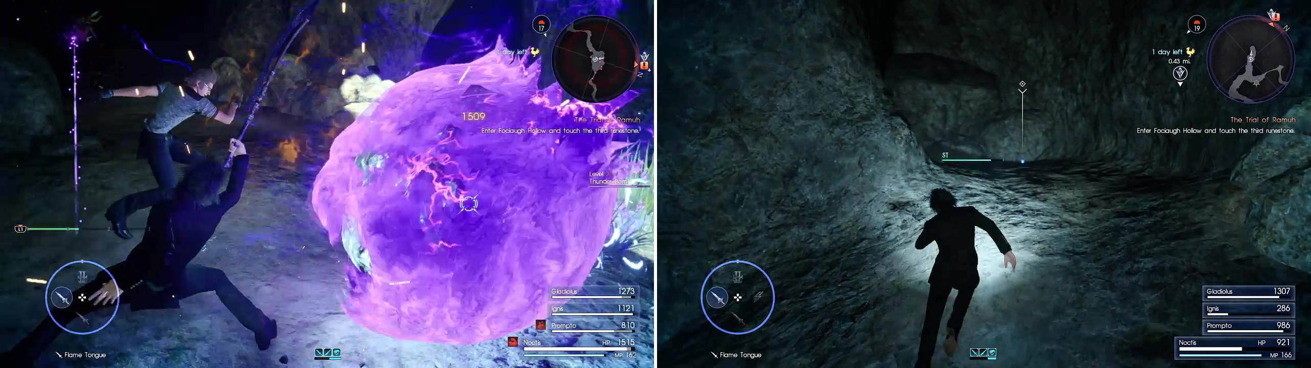 Thunder Bombs can be very powerful in large groups (left). When you reach the ice deposit, cut up the dead end (right) to find another Magic Flask.