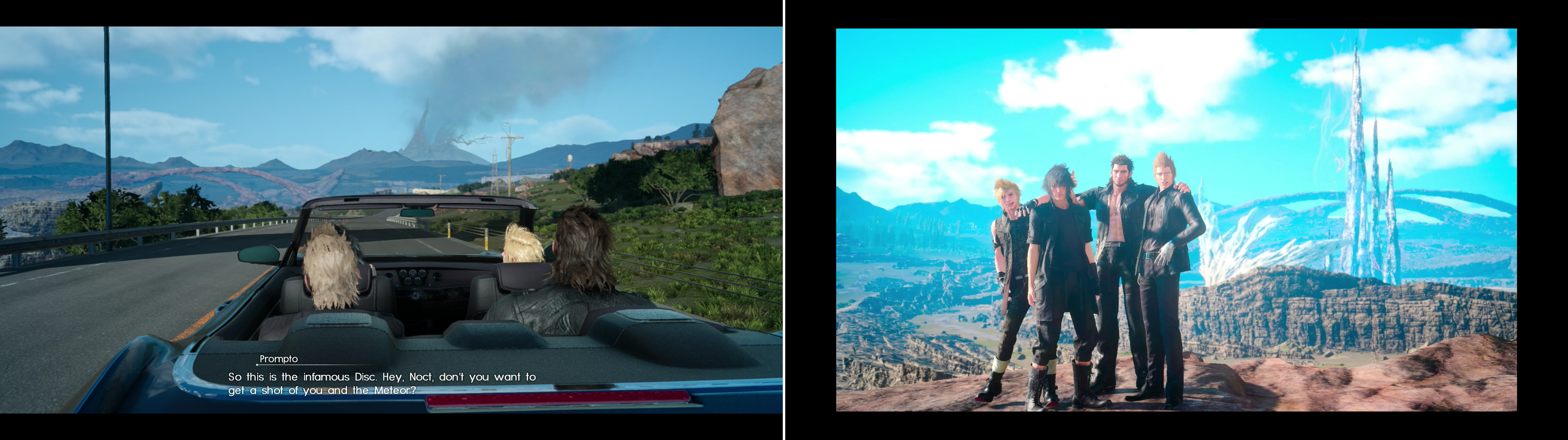 If you drive west from the Coernix Station - Alstor outpost, Prompto will notice the Disc of Cauthess (left) and bother you for a photo-op stop (right).
