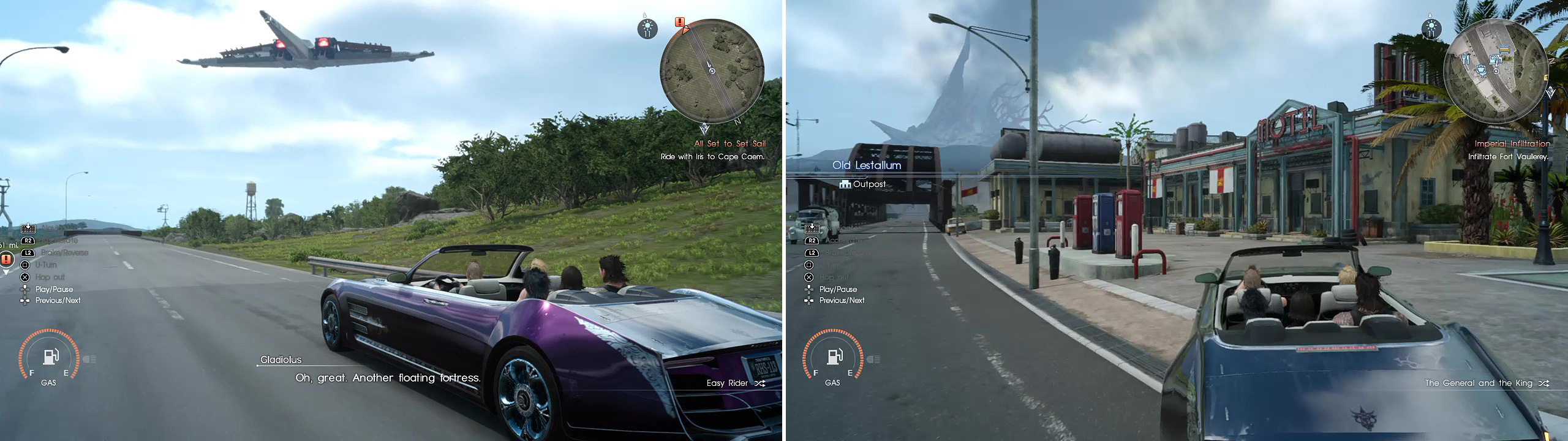 Enjoy the scenery and listen to some music as you drive (left) then pull over to begin the next quest (right).
