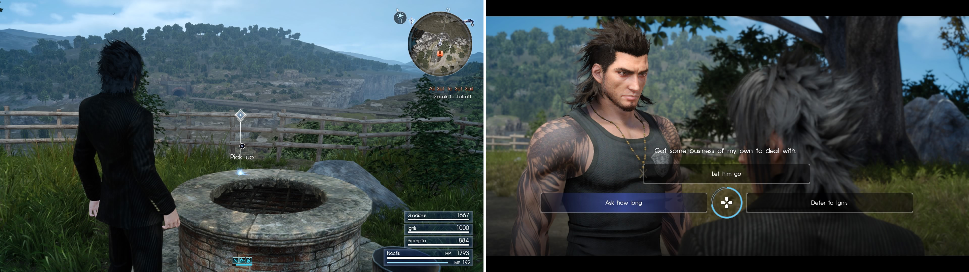 Pick up the Glass Gemstone at the well (left) before speaking with Iris. Gladio will set off alone and you can respond however you wish (right).