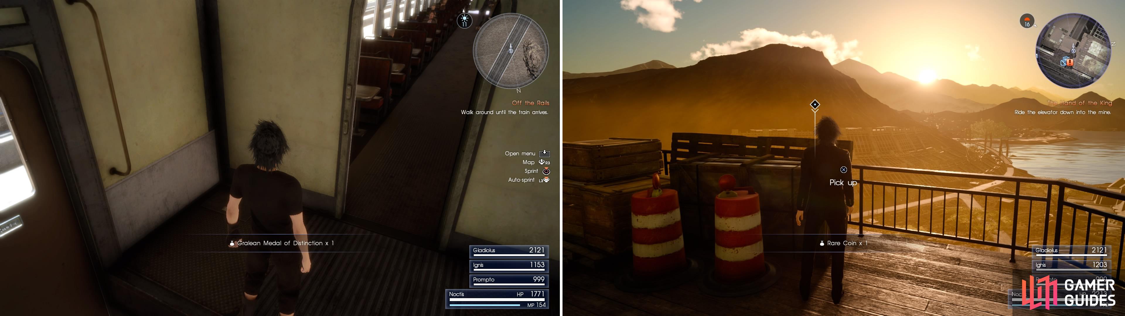 Look around the train car for items (left) and also the station when you arrive (right).