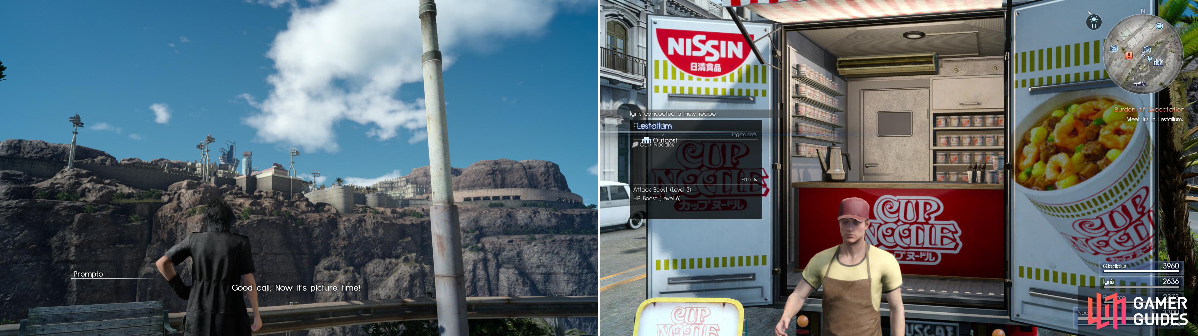 On the way to Lestallum, Prompto might just bug you to take advantage of a photo op (left). Near where you park you’ll find a Cup of Noodles… Nissin must have paid good money for so much blatant promotion (right).