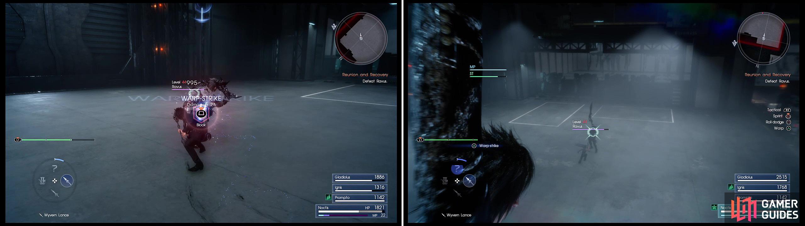 Watch out for the block prompt (left) before Ravus dashes at you. Make use of the Warp points (right) in this fight to avoid damage.