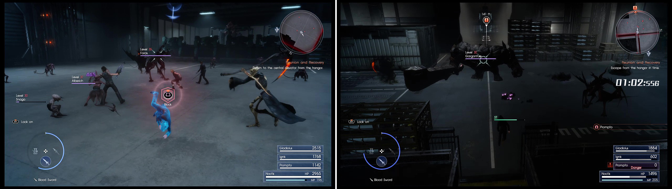 Immediately after the battle with Ravus, daemons will pour into the hangar (left). After a while, you must keep running to escape with Noctis, dodging everything (right).