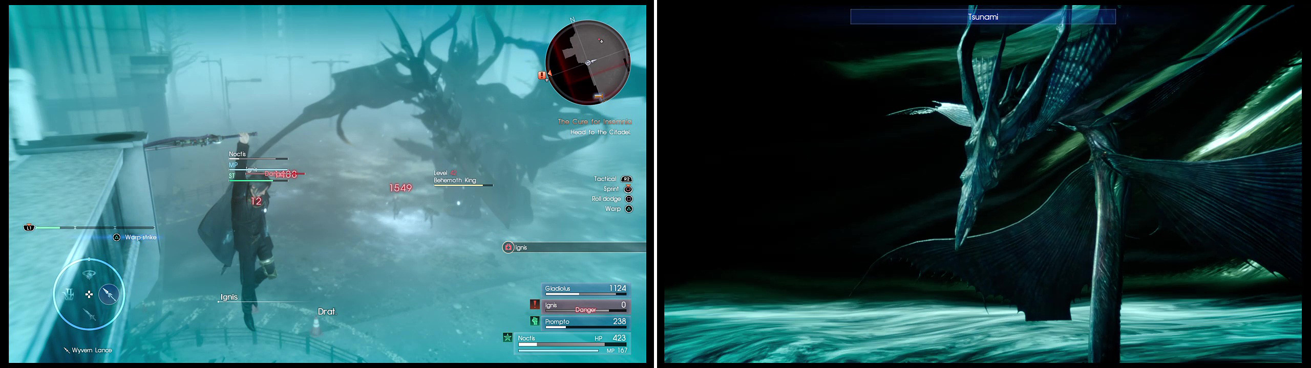 When Behemoth King freezes the arena, Point-warp (left) away. If you get lucky, a summon may arrive to help you (right).