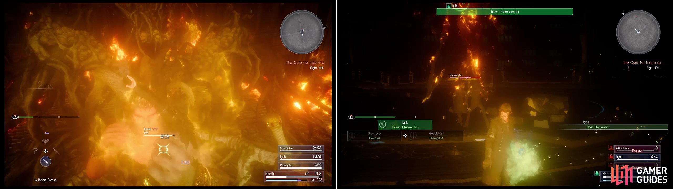 If you get too close, Ifrit can grab you for a lot of damage (left). The best way of dealing with him is Ice magic (right) so make use of Ignis.