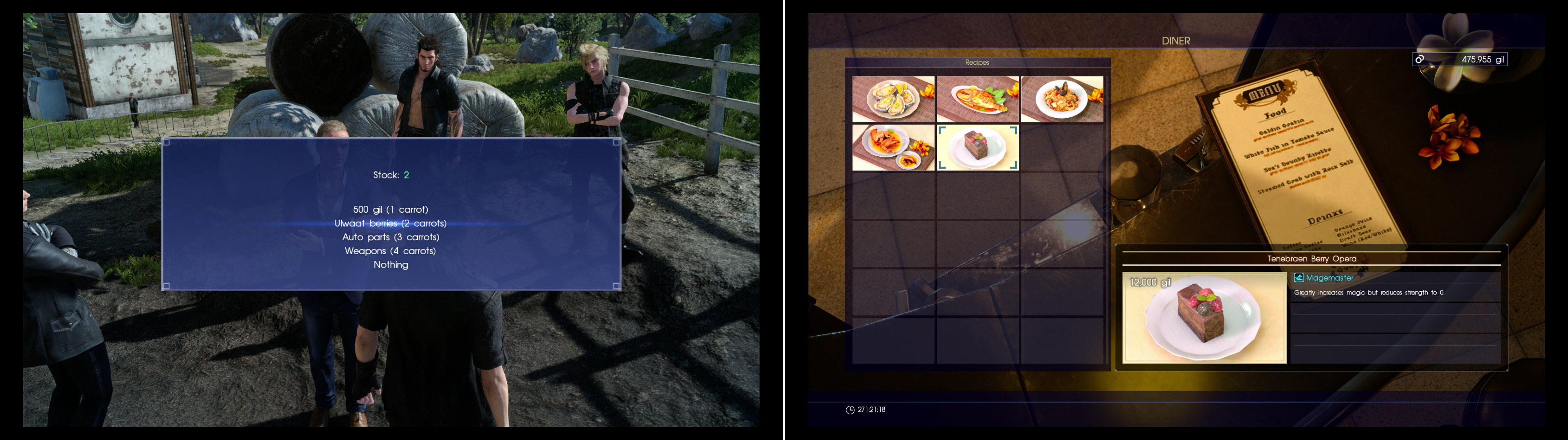 Trade two Caem Carrors for some Ulwaat Berries (left) and give them to Coctura to get access to a new meal (right).