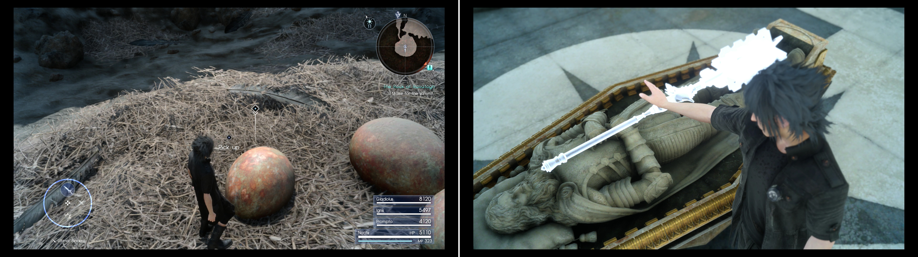 If you picked the “egg” variant of “The Perfect Cup” you’ll find a Zu Egg you can plunder (left). Beyond the Zu’s nest you’ll find the Tomb of the Fierce, where you can obtain the Mace of the Fierce (right).