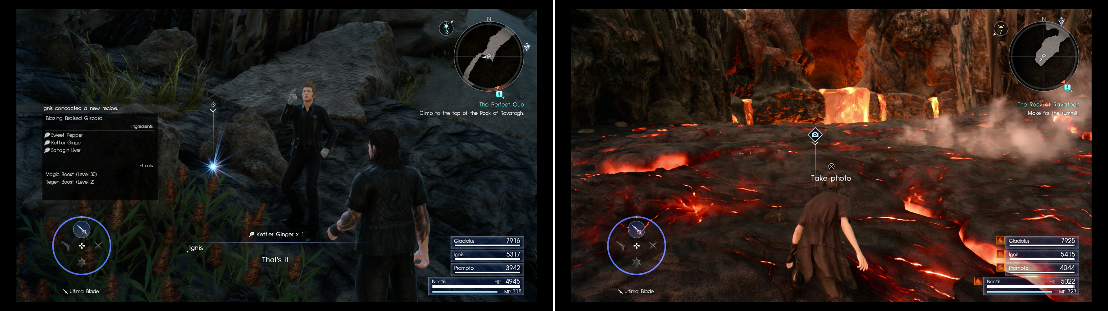 Grab some Kettier Ginger during your climb to teach Ignis a new recipe 9left). After braving a fiery slope you’ll be able to snap the photo Vyv wants (right).