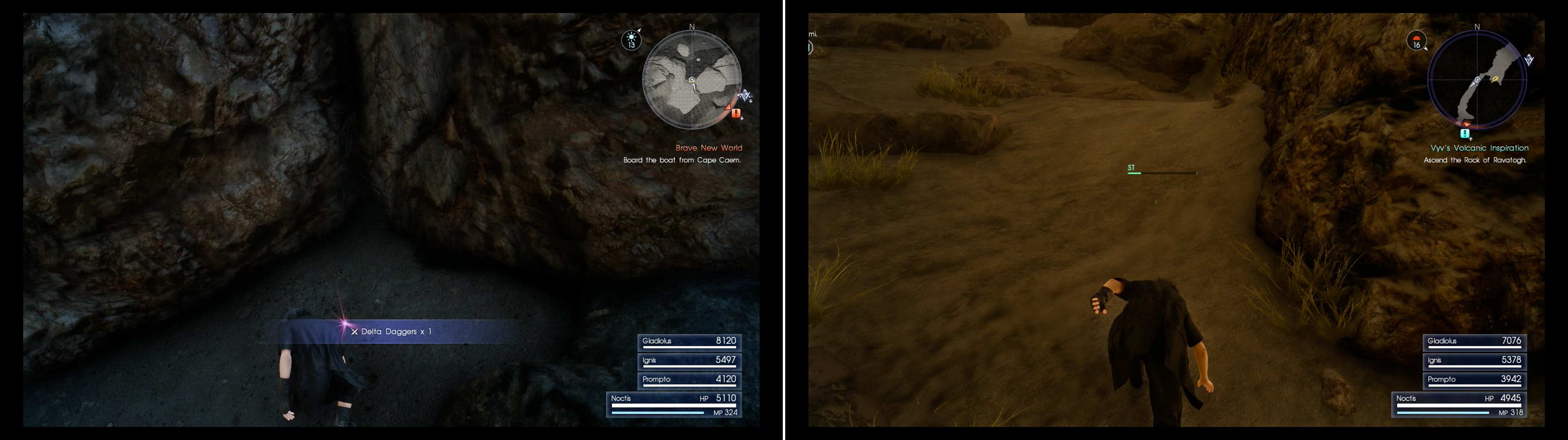 Before you enter the dungeon, search a Treasure Spot to find some Delta Daggers (right). You’ll have to expend stamina to ascend a steep incline (right).