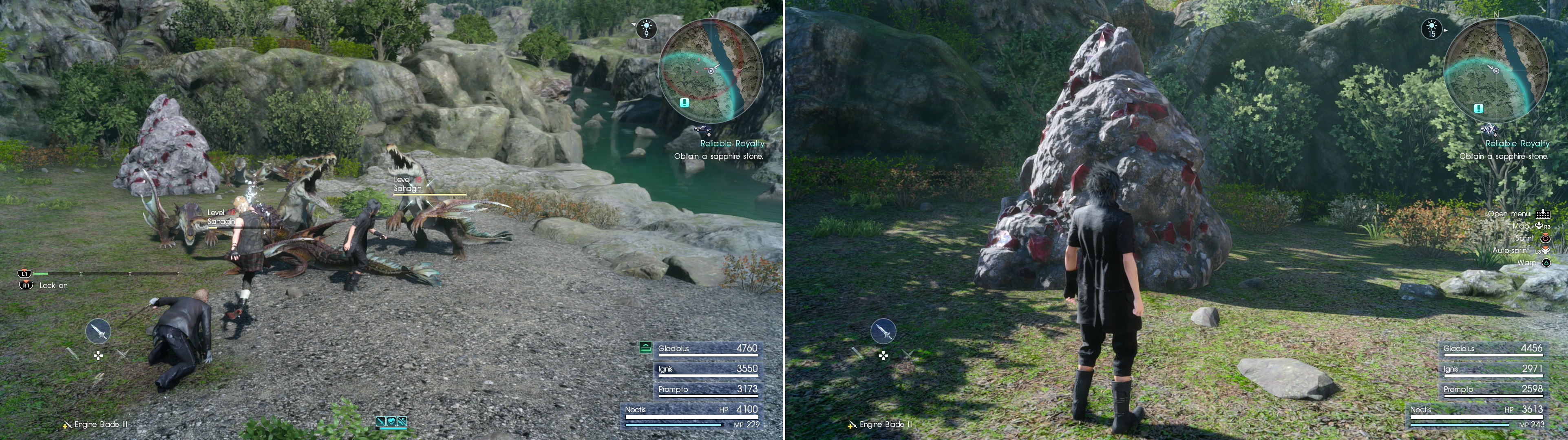 Kill the Sahagins nearby (left) then claim the Sapphire Stone from the Mineral Deposit near the Wennath River (right).