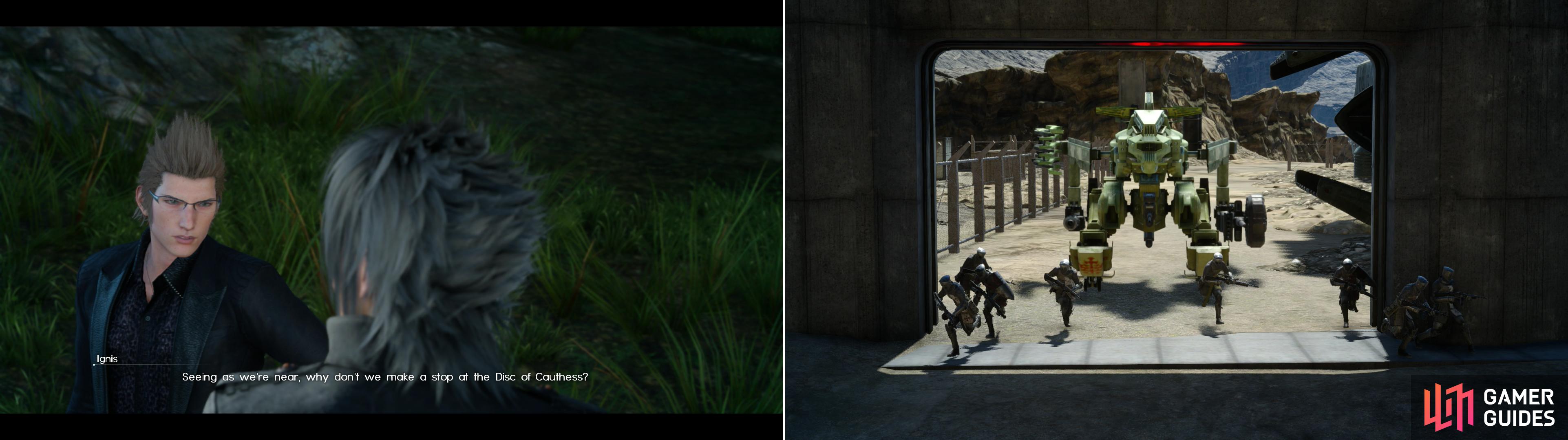 Ignis will request to go visit the Disc of Cauthess (left) and when you do, you’ll be opposed by some imperials (right).