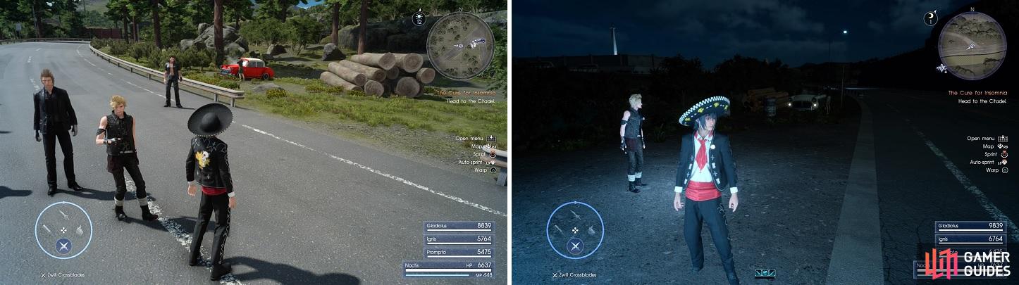 The majority of the cars are found alongside the road (left). At night, you can see the headlights of the vehicle in need of repair (right).