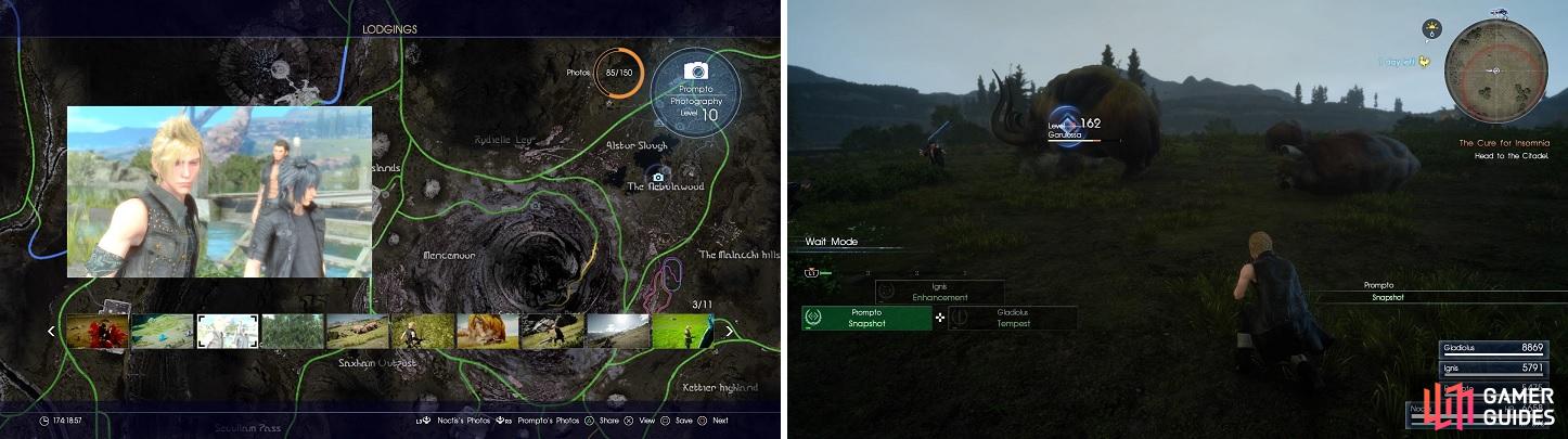 You can look through the photos taken after resting (left). Snapshot is a technique that Prompto can use in battle to take more pictures (right).