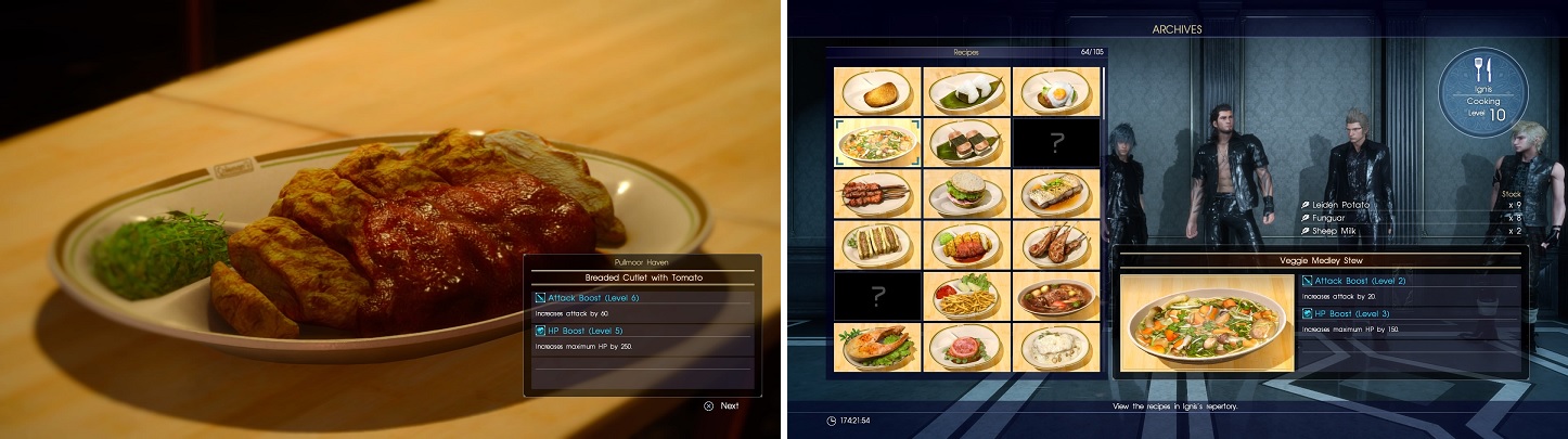 You can only cook food at Havens (left). Archives lists all of the recipes you have learned (right).